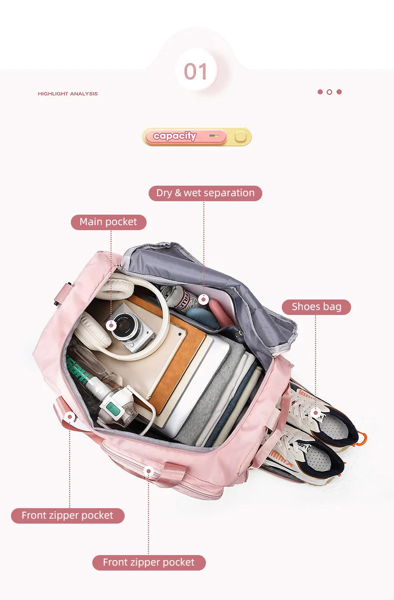 Bolsa de ginástica esportiva, bolsa de viagem seca e molhada para mulheres