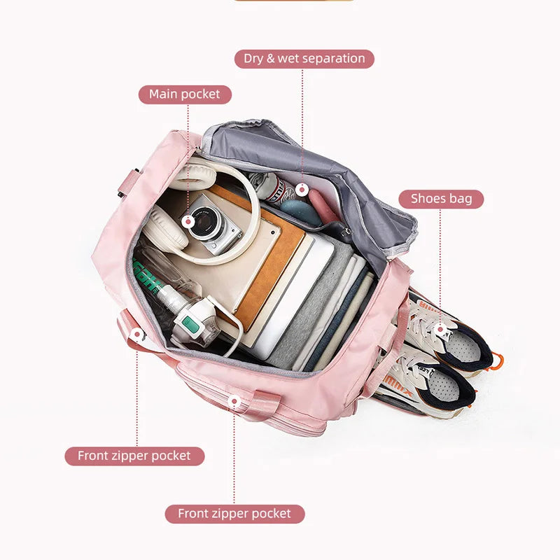 Bolsa de ginástica esportiva, bolsa de viagem seca e molhada para mulheres